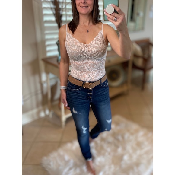 Scalloped All Lace Bodysuit V-Neck Cami White 0721 - Picture 2 of 5